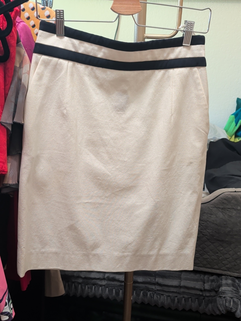 Celine Cream Pencil Skirt with Black Waist Trim